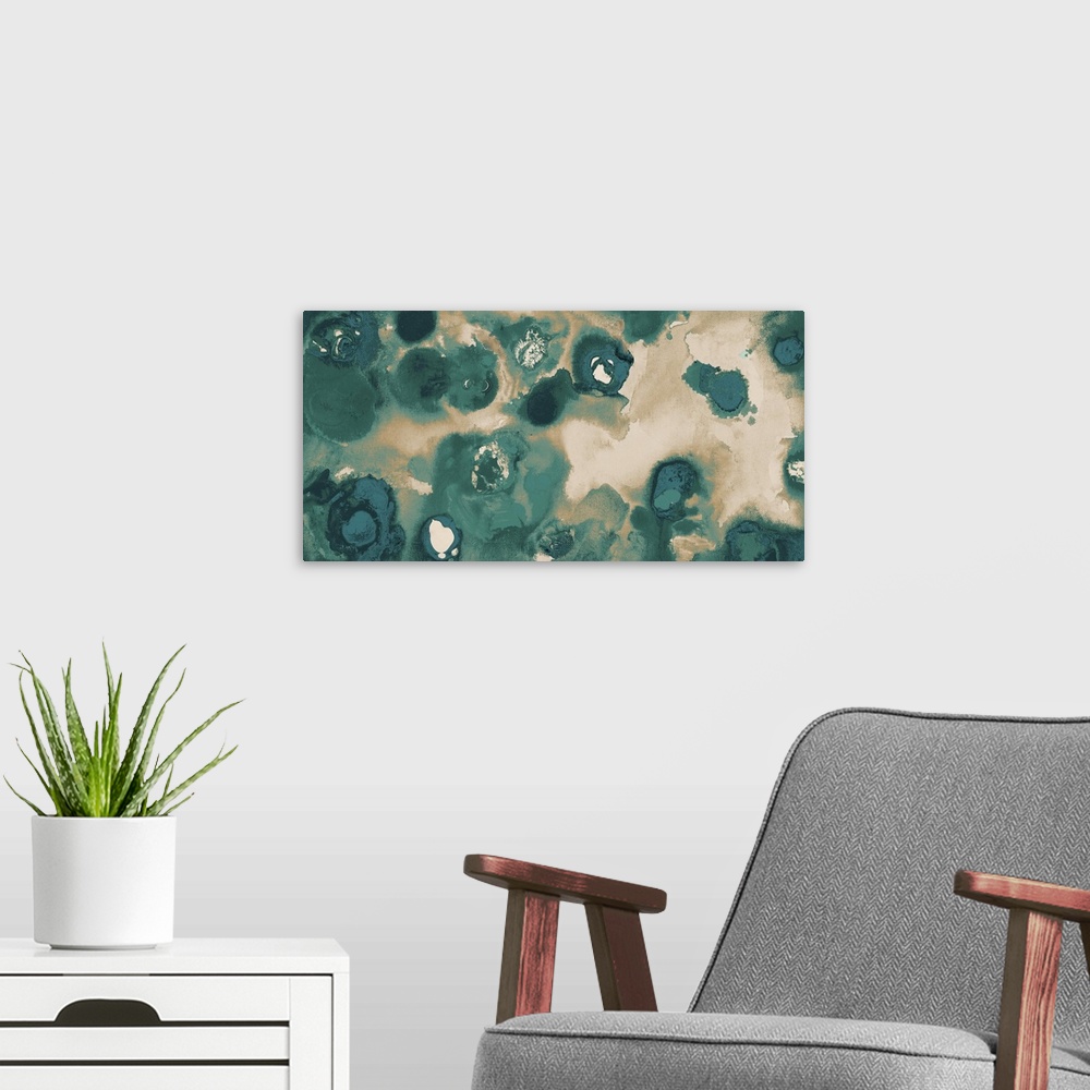A modern room featuring Contemporary abstract painting of teal and beige, resembling rushing water.