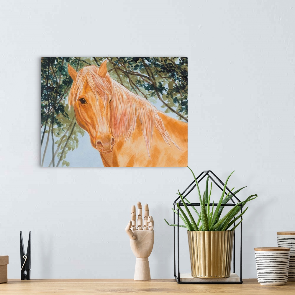 A bohemian room featuring Portrait of a light brown horse under a tree.