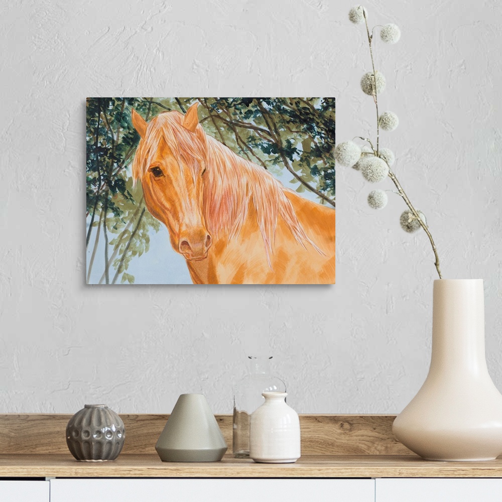 A farmhouse room featuring Portrait of a light brown horse under a tree.