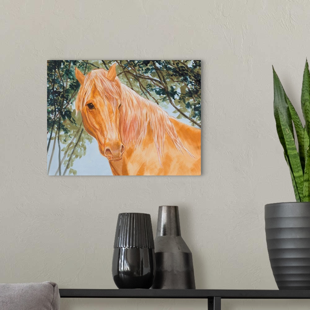 A modern room featuring Portrait of a light brown horse under a tree.