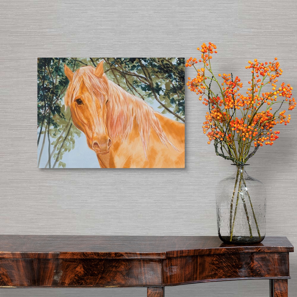 A traditional room featuring Portrait of a light brown horse under a tree.