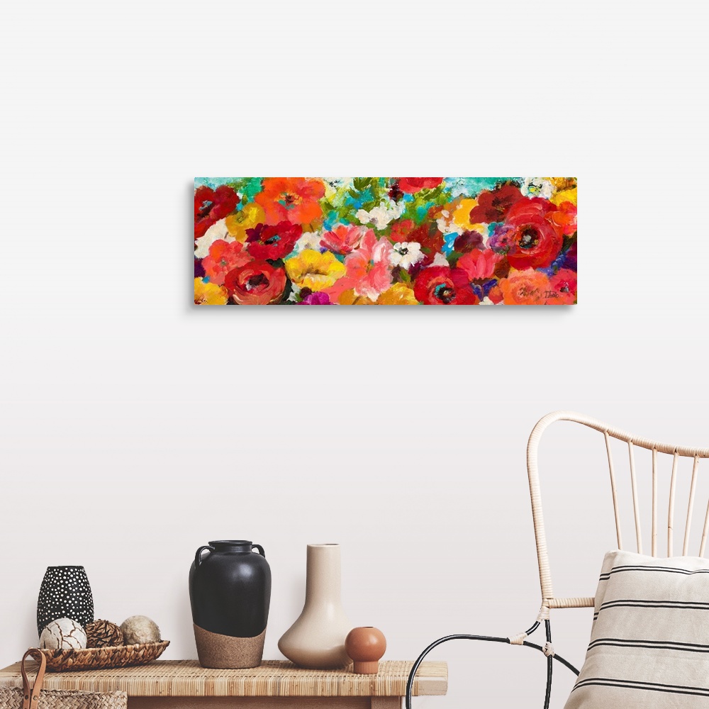 A farmhouse room featuring Contemporary panoramic painting of colorful flowers.