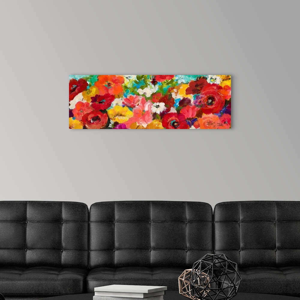 A modern room featuring Contemporary panoramic painting of colorful flowers.