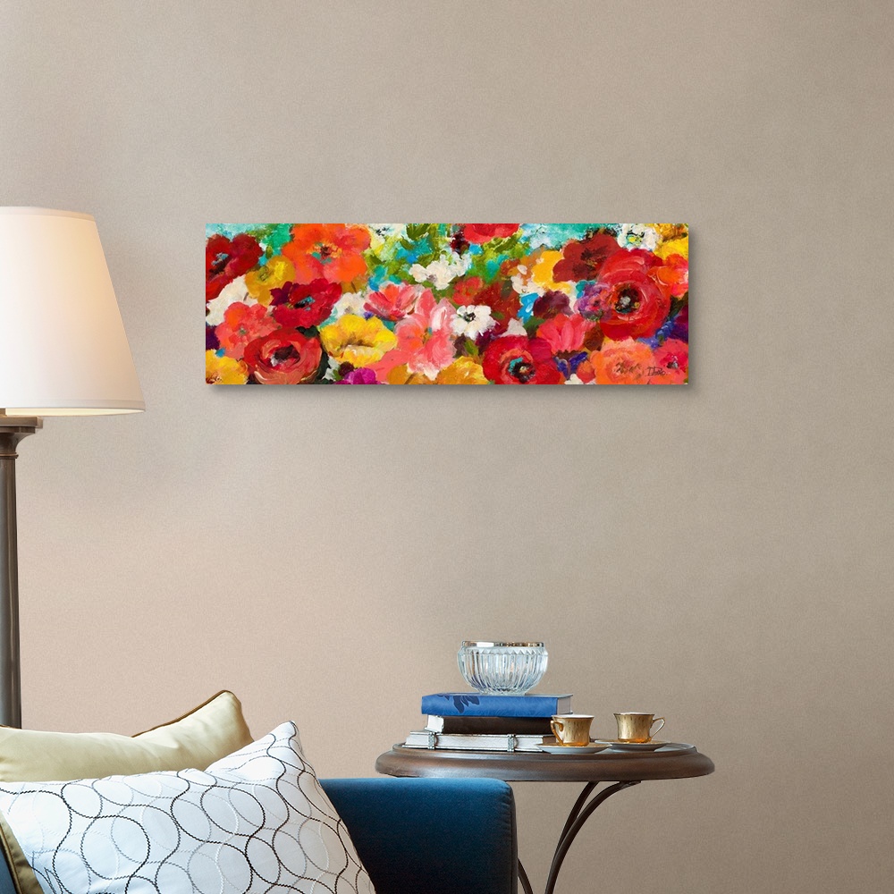 A traditional room featuring Contemporary panoramic painting of colorful flowers.