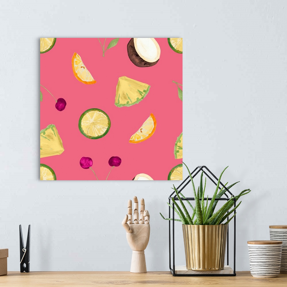 A bohemian room featuring Square watercolor painting of sliced tropical fruit on a pink background.