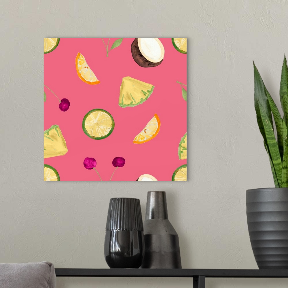 A modern room featuring Square watercolor painting of sliced tropical fruit on a pink background.