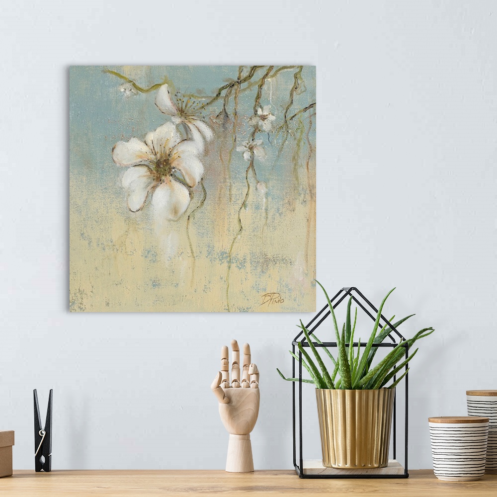 A bohemian room featuring Close up painting of a branch full of cherry flowers in neutral and cooling tones with a rough te...