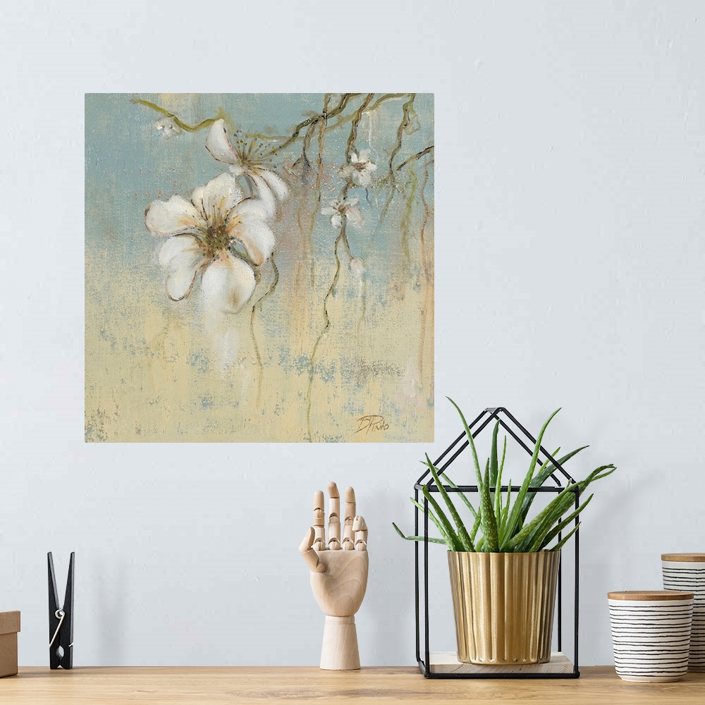 A bohemian room featuring Close up painting of a branch full of cherry flowers in neutral and cooling tones with a rough te...