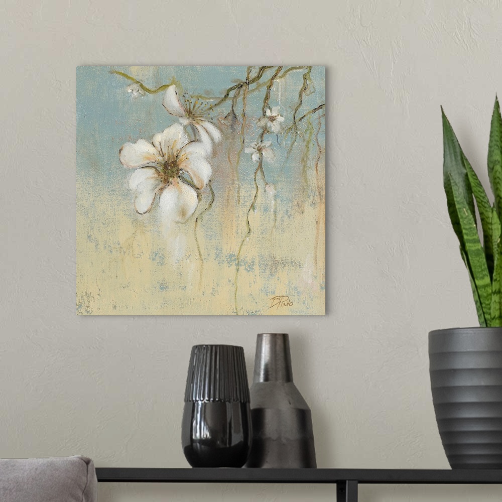 A modern room featuring Close up painting of a branch full of cherry flowers in neutral and cooling tones with a rough te...