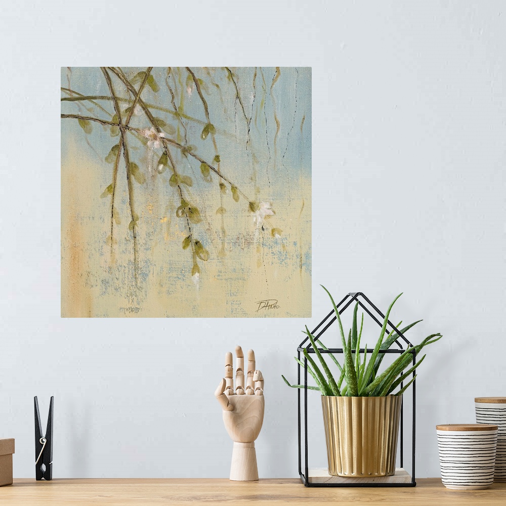 A bohemian room featuring Contemporary painting of several thin branches from a sakura tree with a few flowers and buds han...