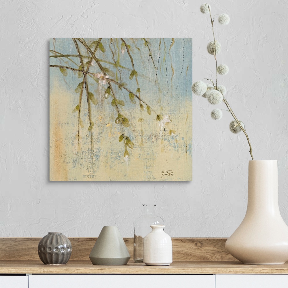 A farmhouse room featuring Contemporary painting of several thin branches from a sakura tree with a few flowers and buds han...