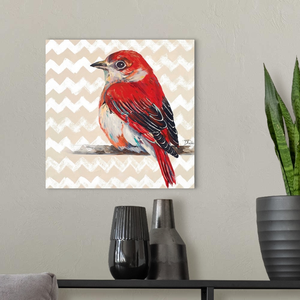 A modern room featuring Contemporary painting of a red bird against a beige chevron pattern.