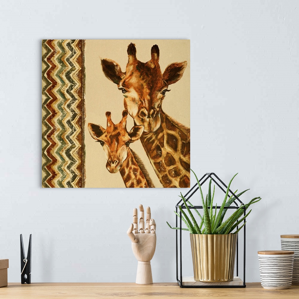 A bohemian room featuring A mother and baby giraffe with a chevron pattern.