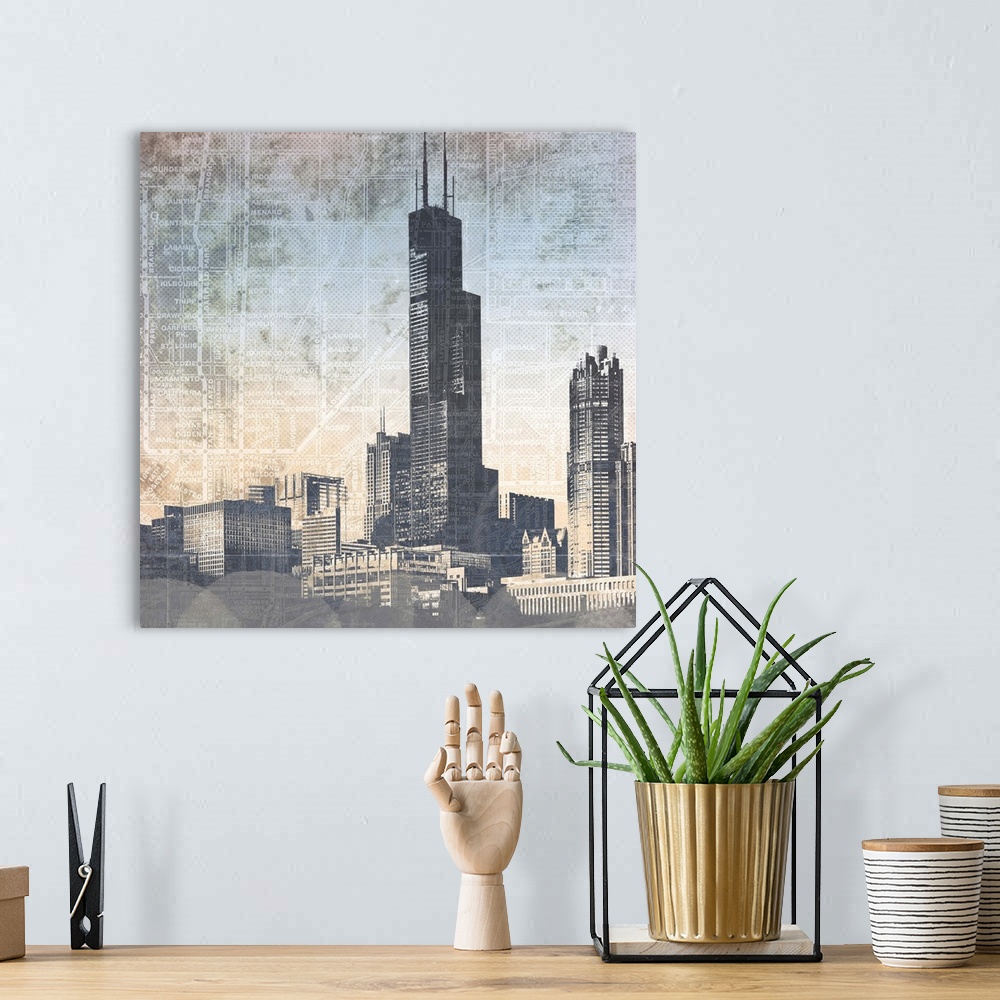 A bohemian room featuring Skyscrapers in Chicago against a grunge-textured map.
