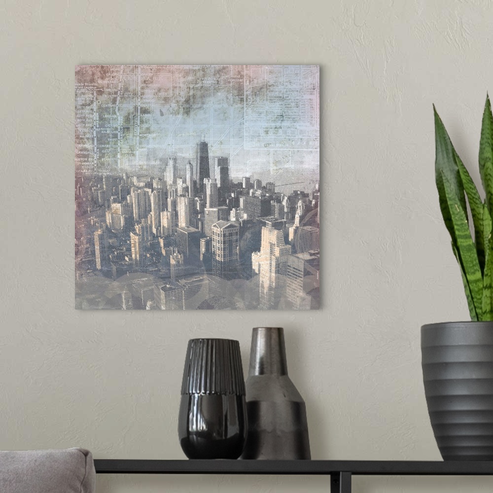 A modern room featuring Skyscrapers in Chicago against a grunge-textured map.