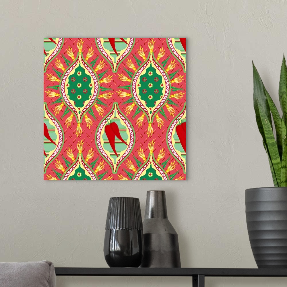 A modern room featuring Square pattern with festive green and red chilies with repetitive designs.