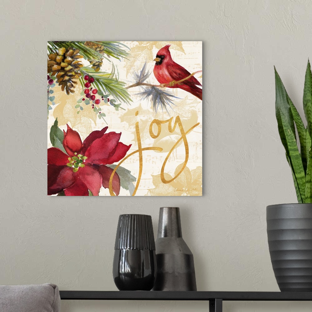 A modern room featuring Seasonal holiday artwork featuring a poinsettia and a cardinal, with the word "Joy."
