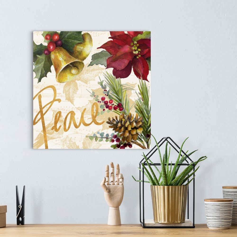 A bohemian room featuring Seasonal holiday artwork featuring a poinsettia and bells, with the word Peace.