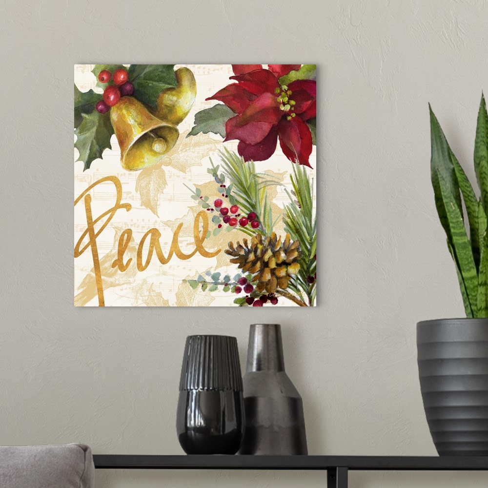 A modern room featuring Seasonal holiday artwork featuring a poinsettia and bells, with the word Peace.