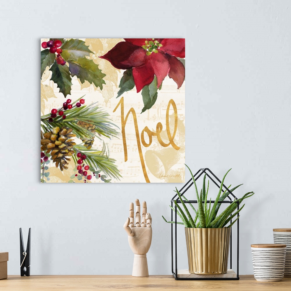 A bohemian room featuring Seasonal artwork with gold text and pinecones and a poinsettia.