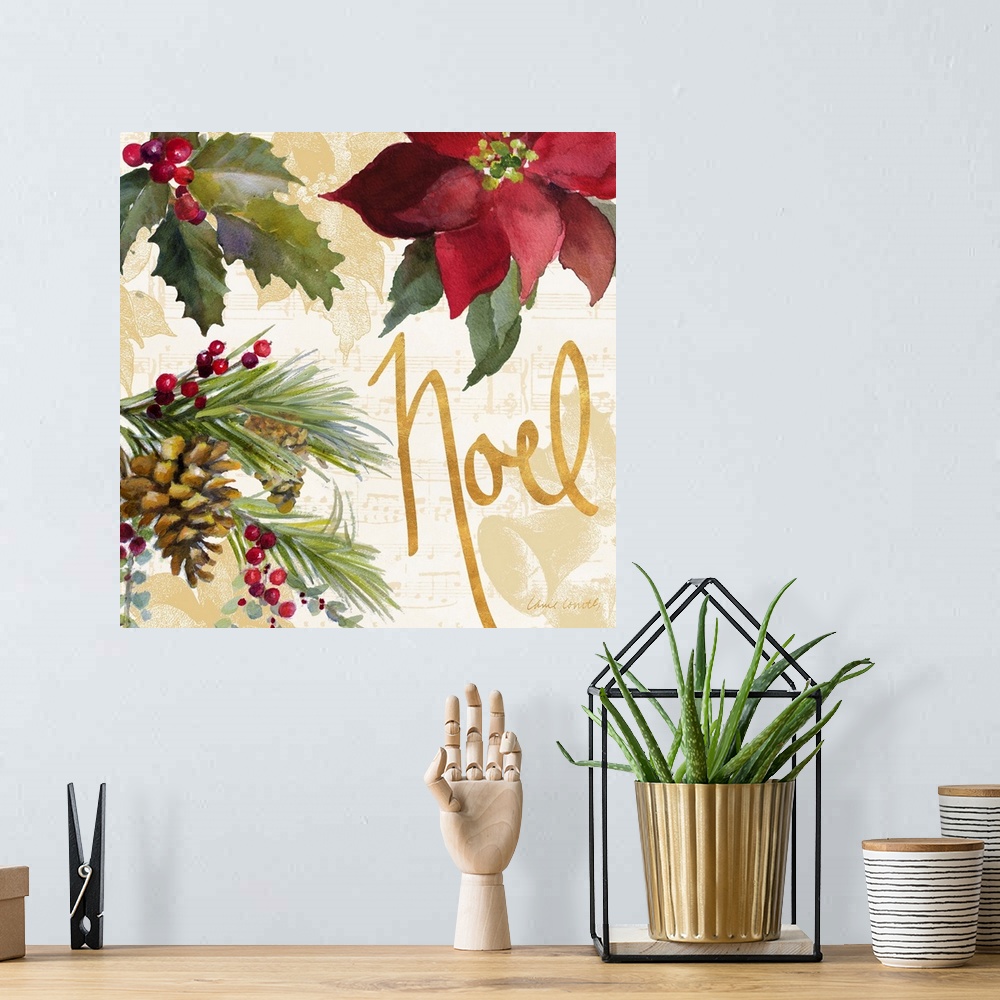 A bohemian room featuring Seasonal artwork with gold text and pinecones and a poinsettia.