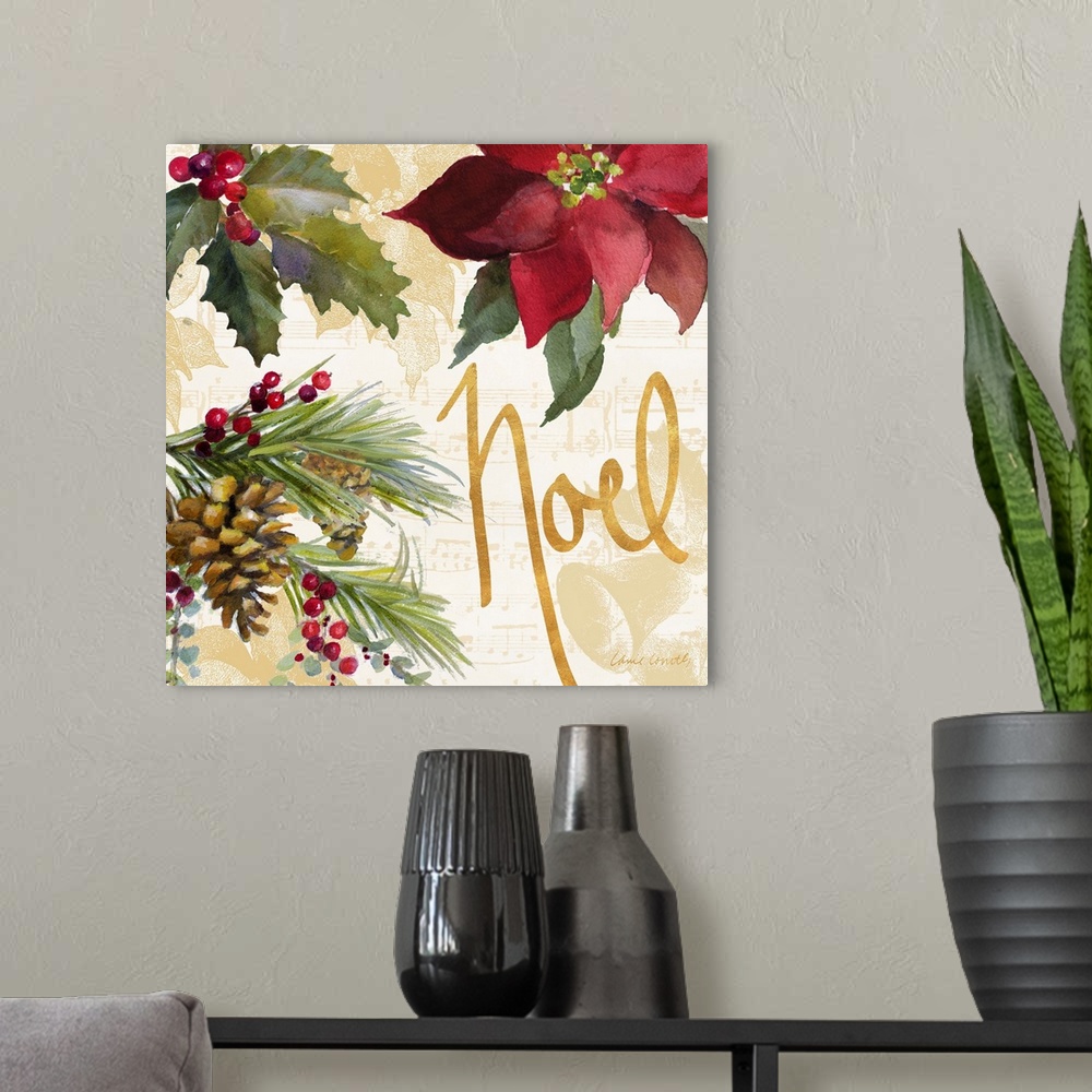 A modern room featuring Seasonal artwork with gold text and pinecones and a poinsettia.