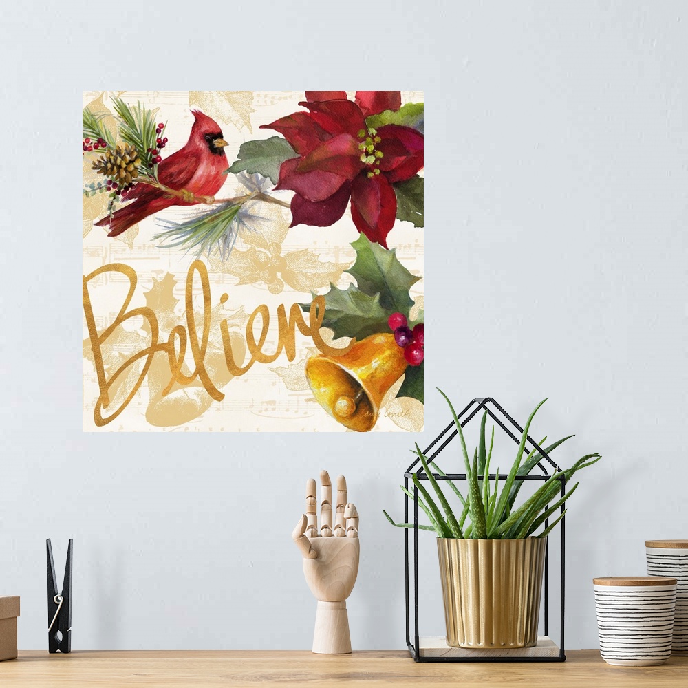 A bohemian room featuring Seasonal artwork with gold text and a cardinal and poinsettia.