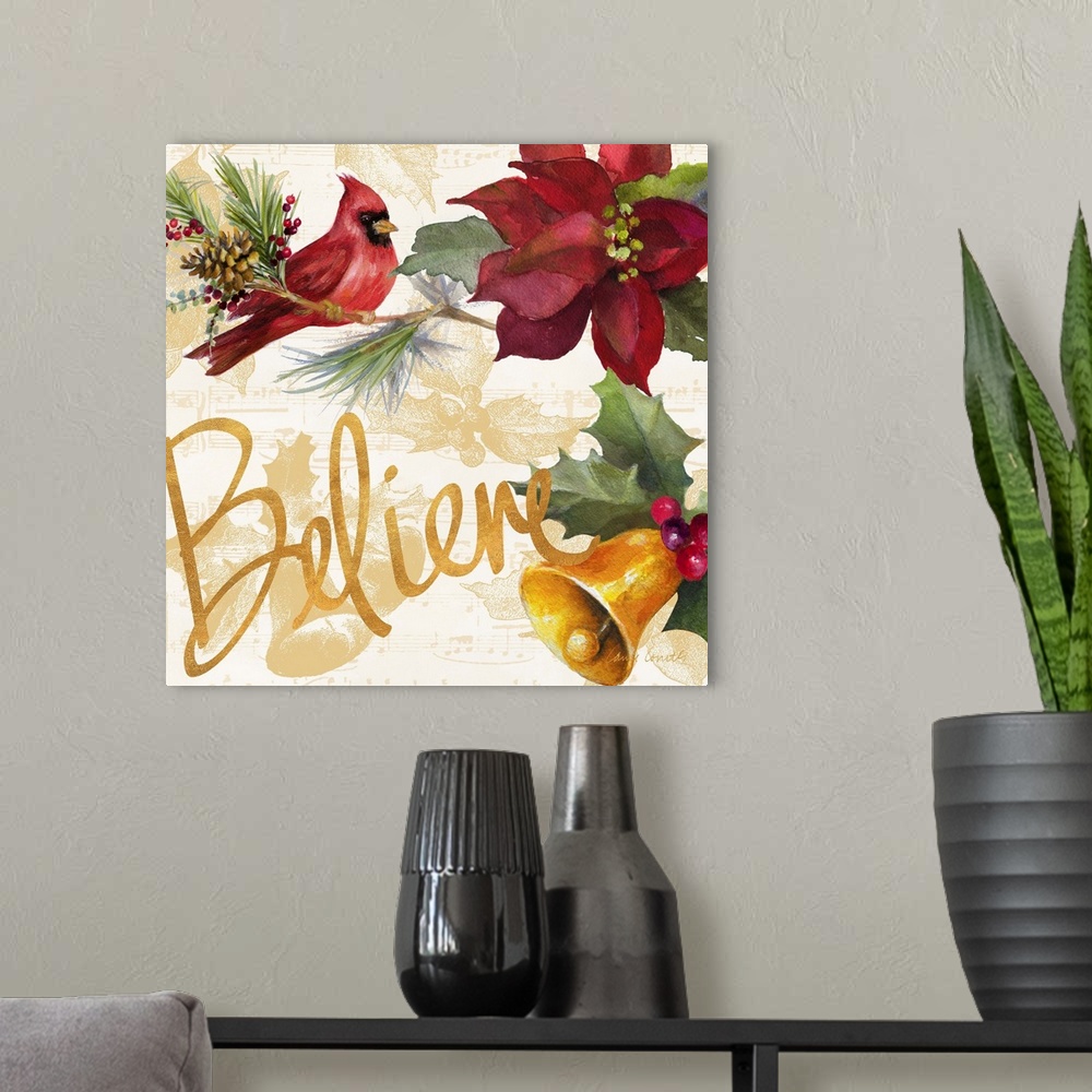 A modern room featuring Seasonal artwork with gold text and a cardinal and poinsettia.
