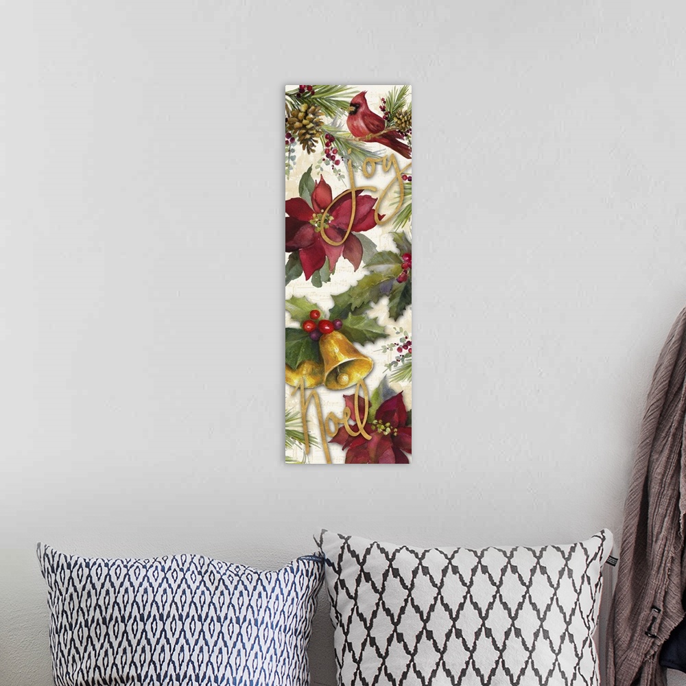 A bohemian room featuring Seasonal artwork with a cardinal, poinsettias, and bells with gold text.
