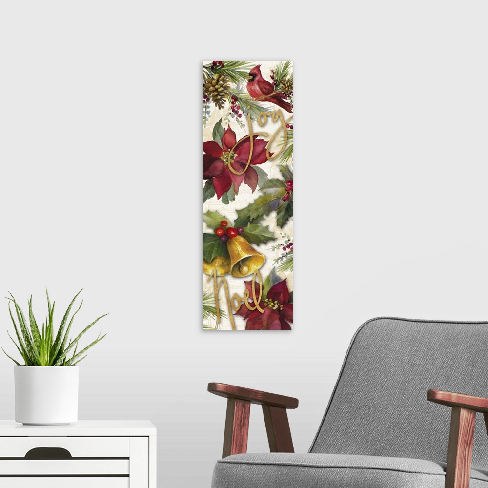 A modern room featuring Seasonal artwork with a cardinal, poinsettias, and bells with gold text.