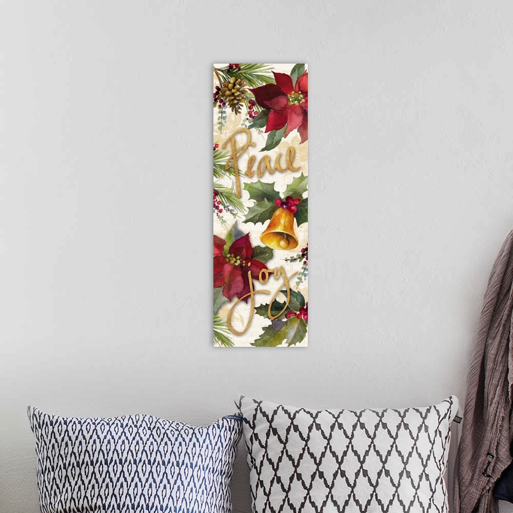 A bohemian room featuring Seasonal artwork with pinecones, poinsettias, and bells with gold text.