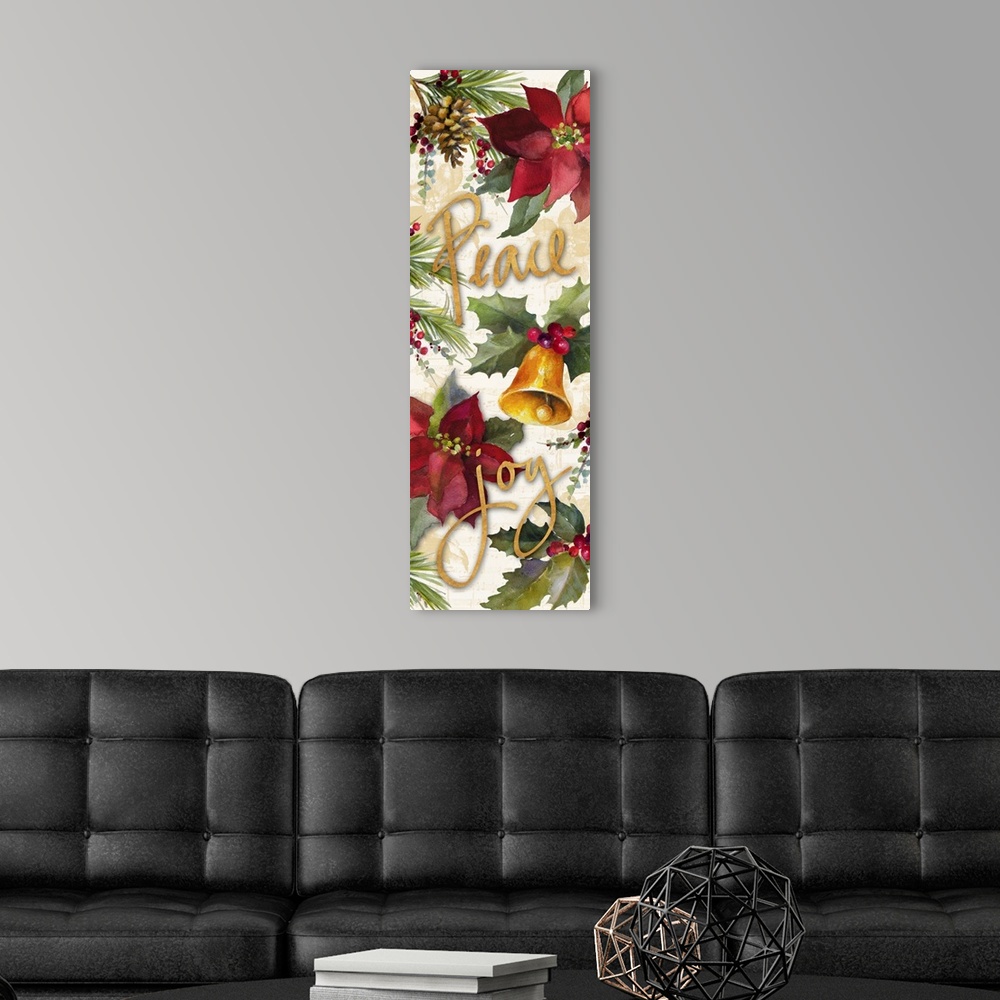 A modern room featuring Seasonal artwork with pinecones, poinsettias, and bells with gold text.