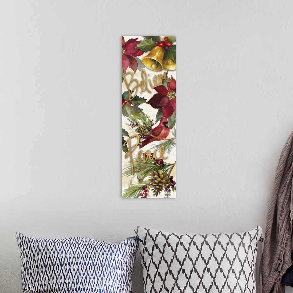 A bohemian room featuring Seasonal artwork with a cardinal, poinsettias, and bells with gold text.