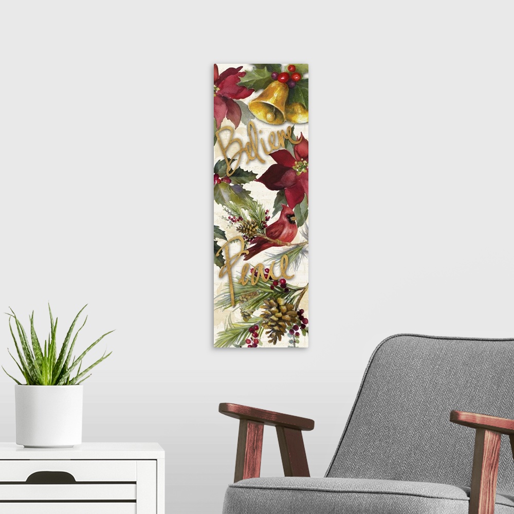 A modern room featuring Seasonal artwork with a cardinal, poinsettias, and bells with gold text.