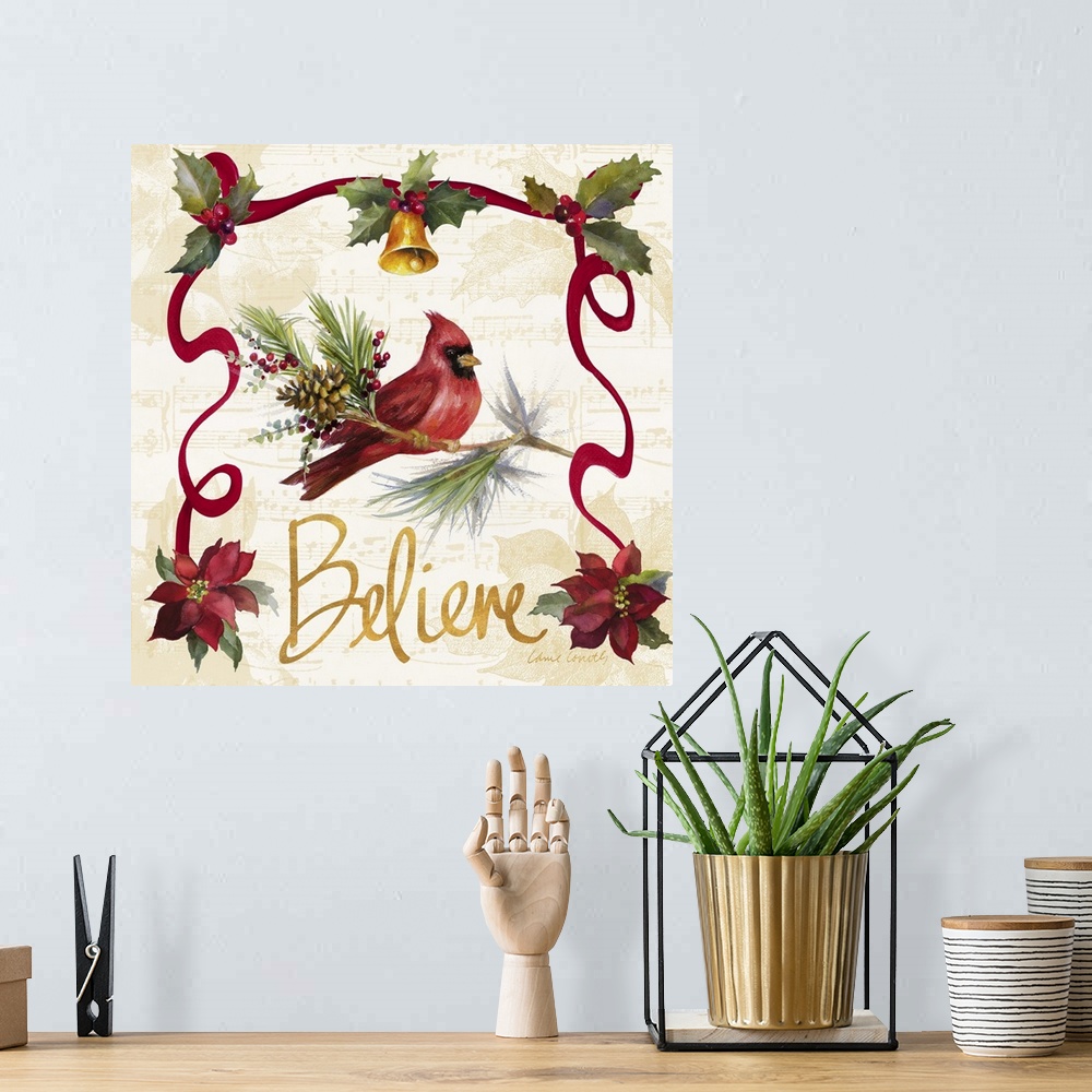 A bohemian room featuring Seasonal artwork with a cardinal surrounded by poinsettias and ribbons.
