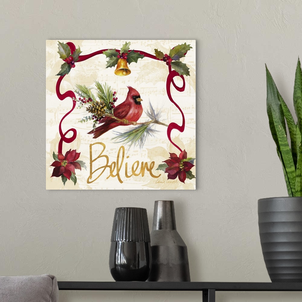 A modern room featuring Seasonal artwork with a cardinal surrounded by poinsettias and ribbons.