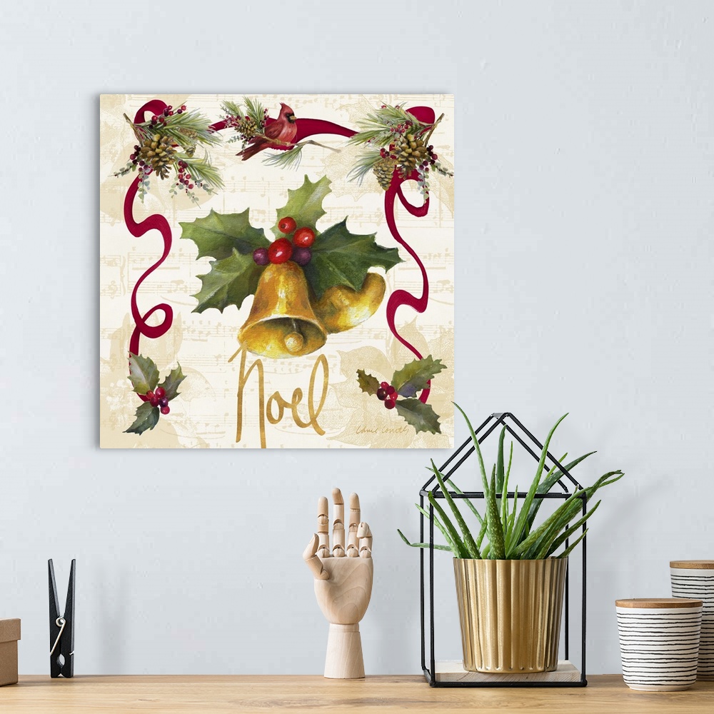 A bohemian room featuring Seasonal artwork with bells and holly  surrounded by pinecones and ribbons.