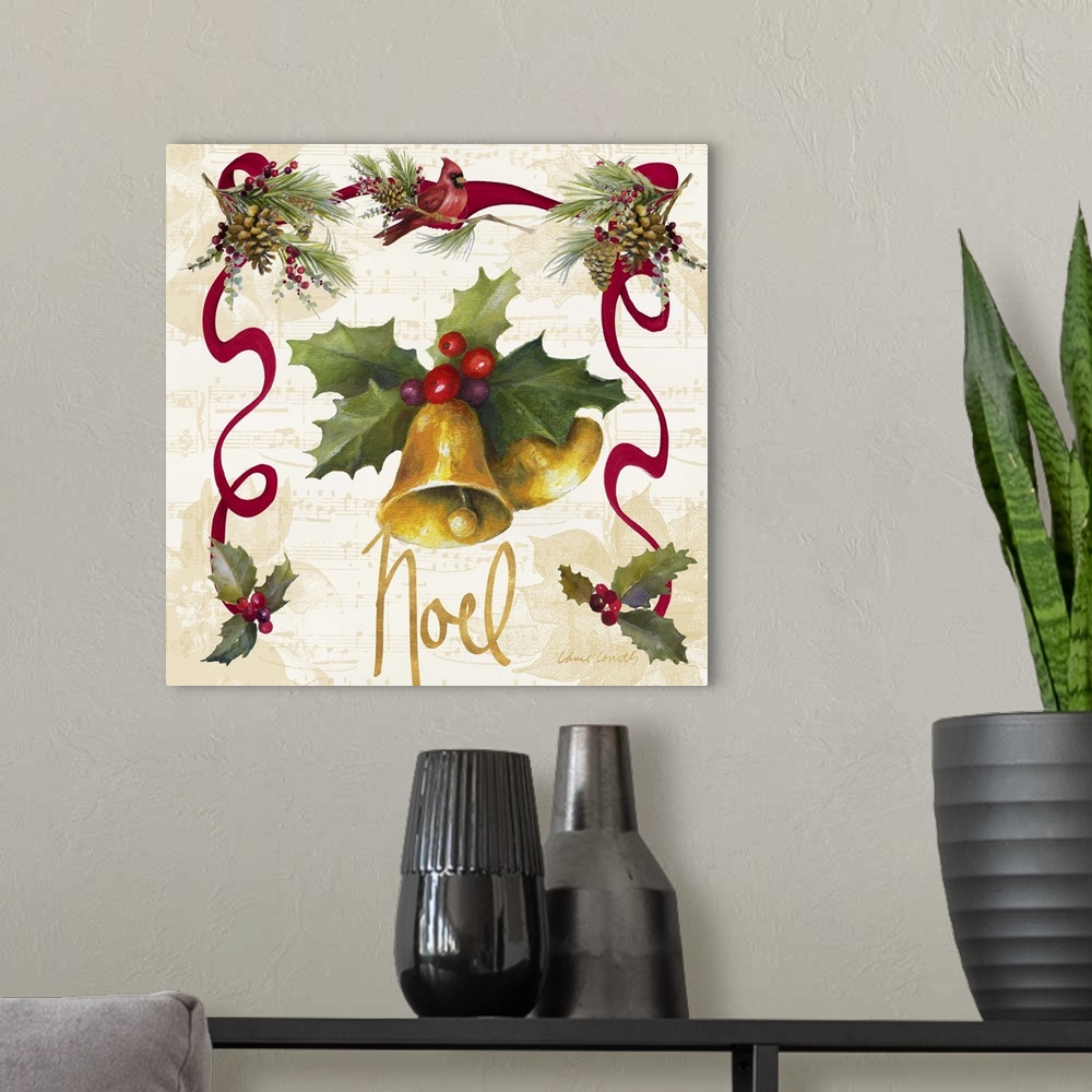 A modern room featuring Seasonal artwork with bells and holly  surrounded by pinecones and ribbons.