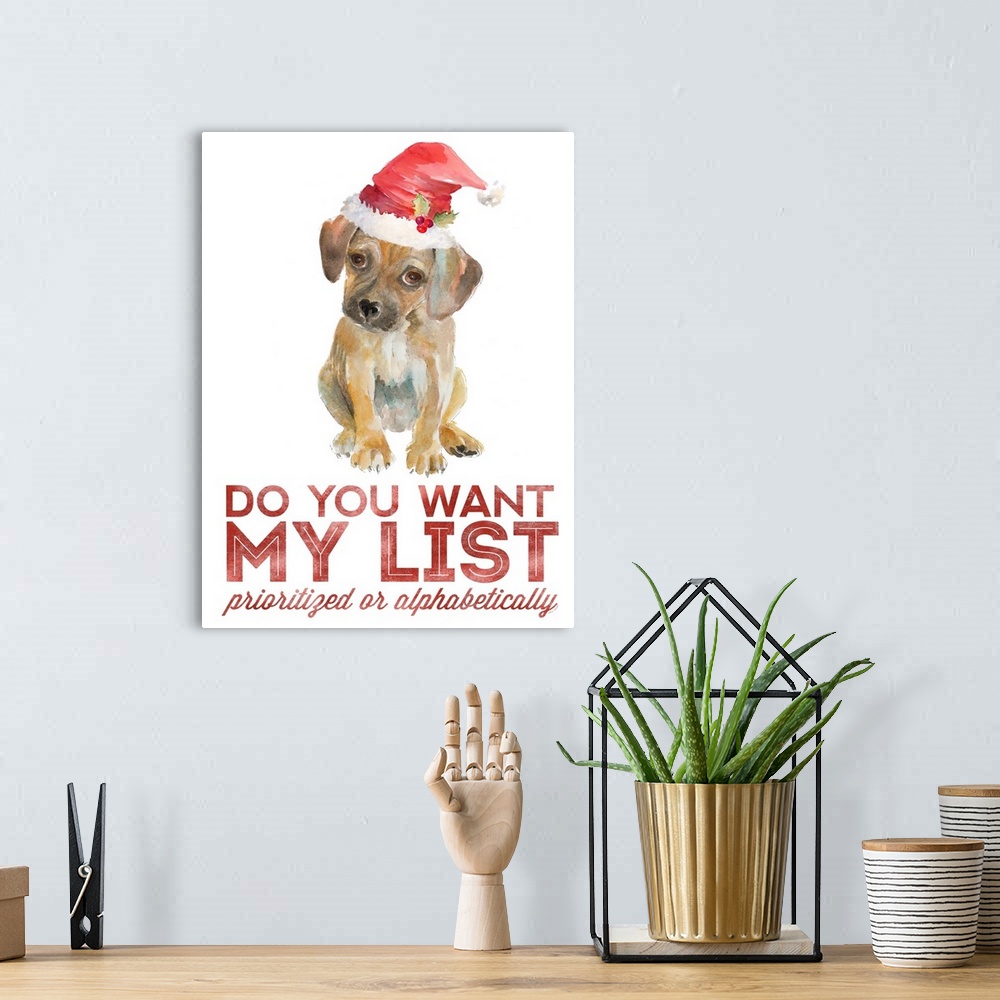 A bohemian room featuring "Do you want my list prioritized or alphabetically" written in red with a watercolor painting of ...