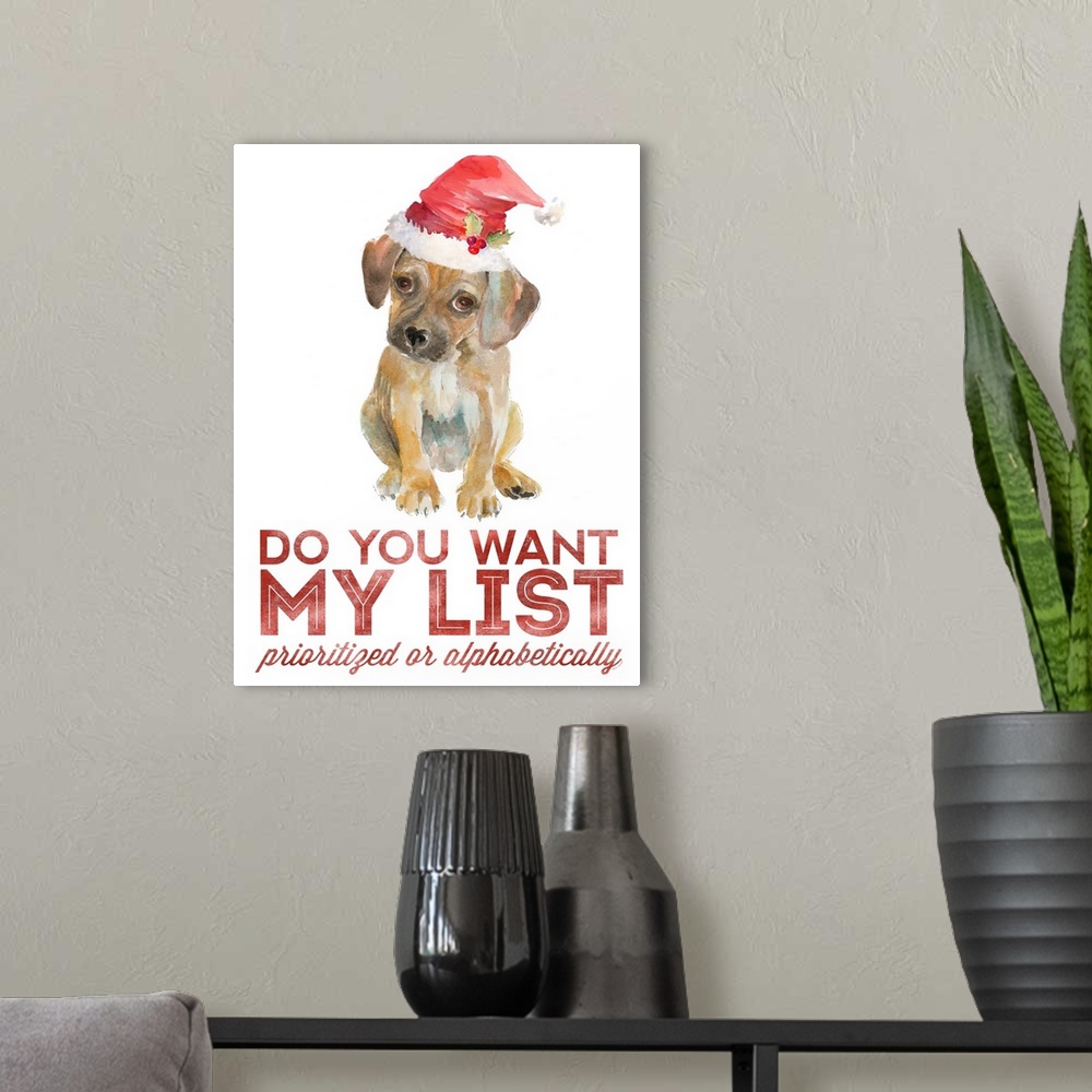 A modern room featuring "Do you want my list prioritized or alphabetically" written in red with a watercolor painting of ...