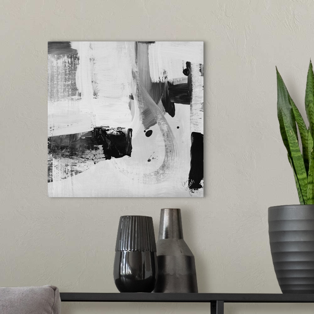 A modern room featuring Abstract landscape of a city scene featuring thick brush strokes in black and white.