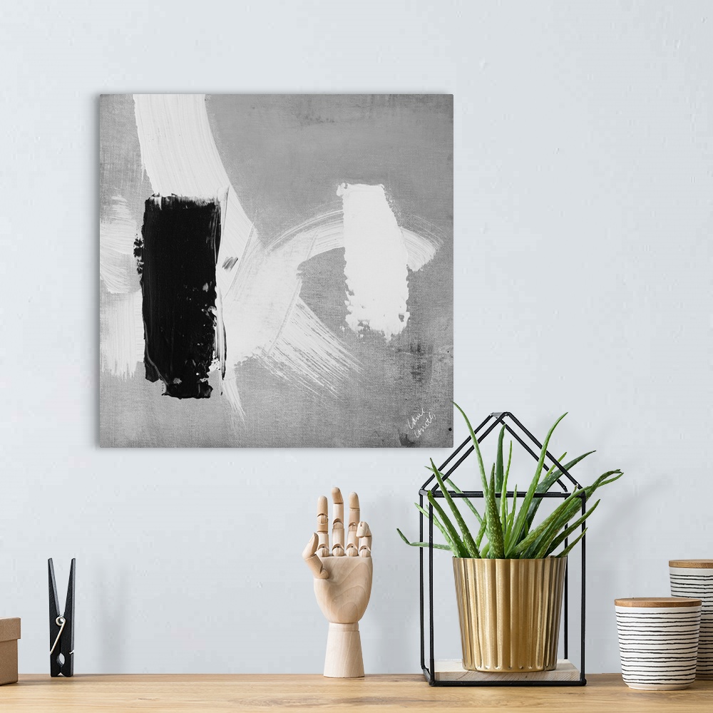 A bohemian room featuring Abstract landscape of a city scene featuring thick brush strokes in black and white.