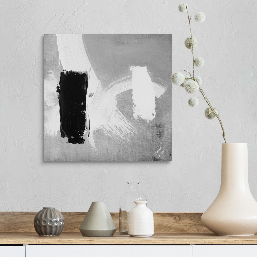A farmhouse room featuring Abstract landscape of a city scene featuring thick brush strokes in black and white.