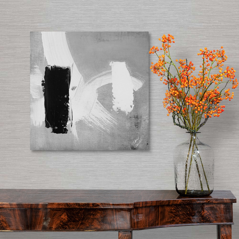A traditional room featuring Abstract landscape of a city scene featuring thick brush strokes in black and white.