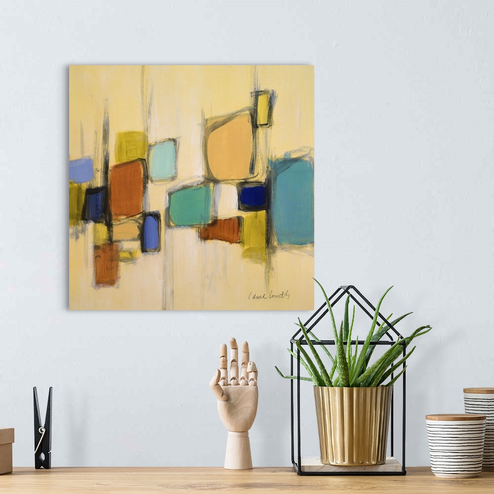 A bohemian room featuring Contemporary abstract art using bold dark lines and colorful geometric shapes against a cream bac...