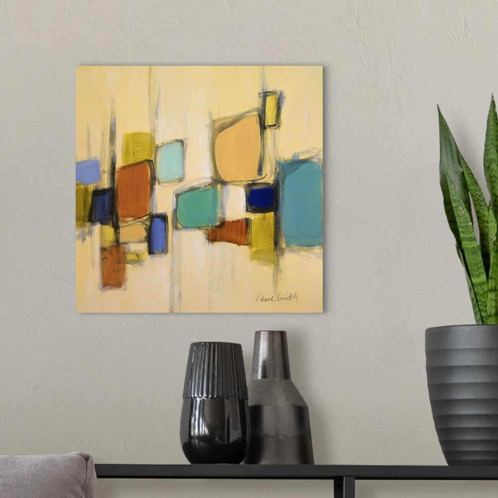 A modern room featuring Contemporary abstract art using bold dark lines and colorful geometric shapes against a cream bac...