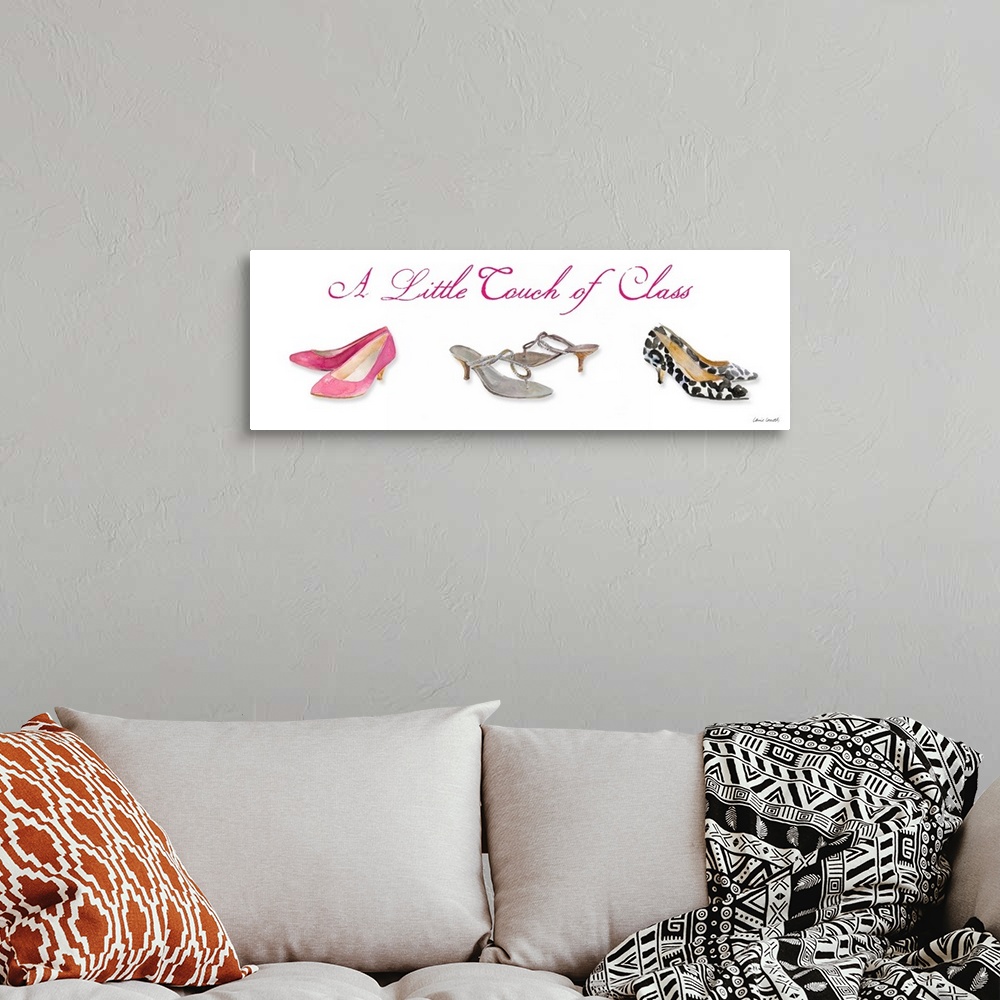 A bohemian room featuring Watercolor painting of three sets of heels with "A Little Touch of Class" written at the top in p...