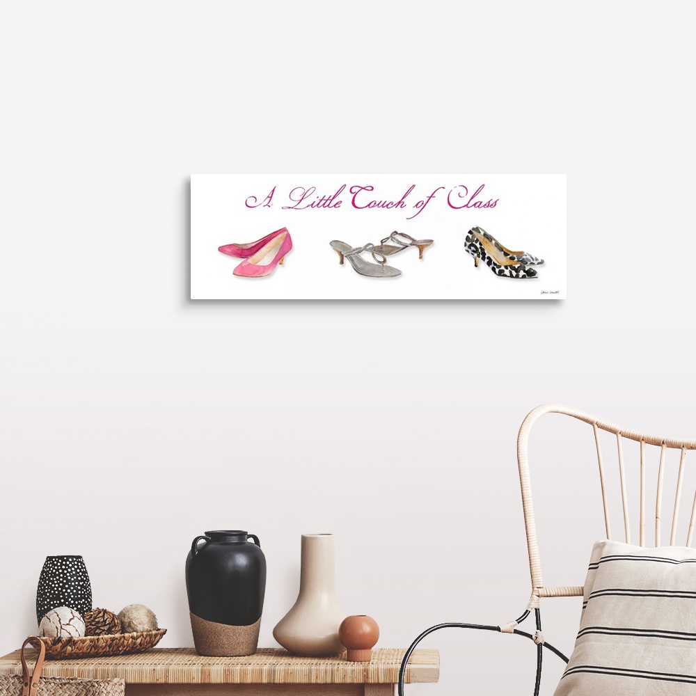 A farmhouse room featuring Watercolor painting of three sets of heels with "A Little Touch of Class" written at the top in p...