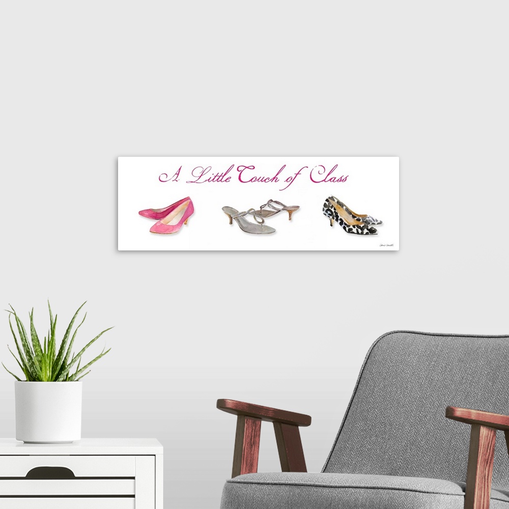 A modern room featuring Watercolor painting of three sets of heels with "A Little Touch of Class" written at the top in p...