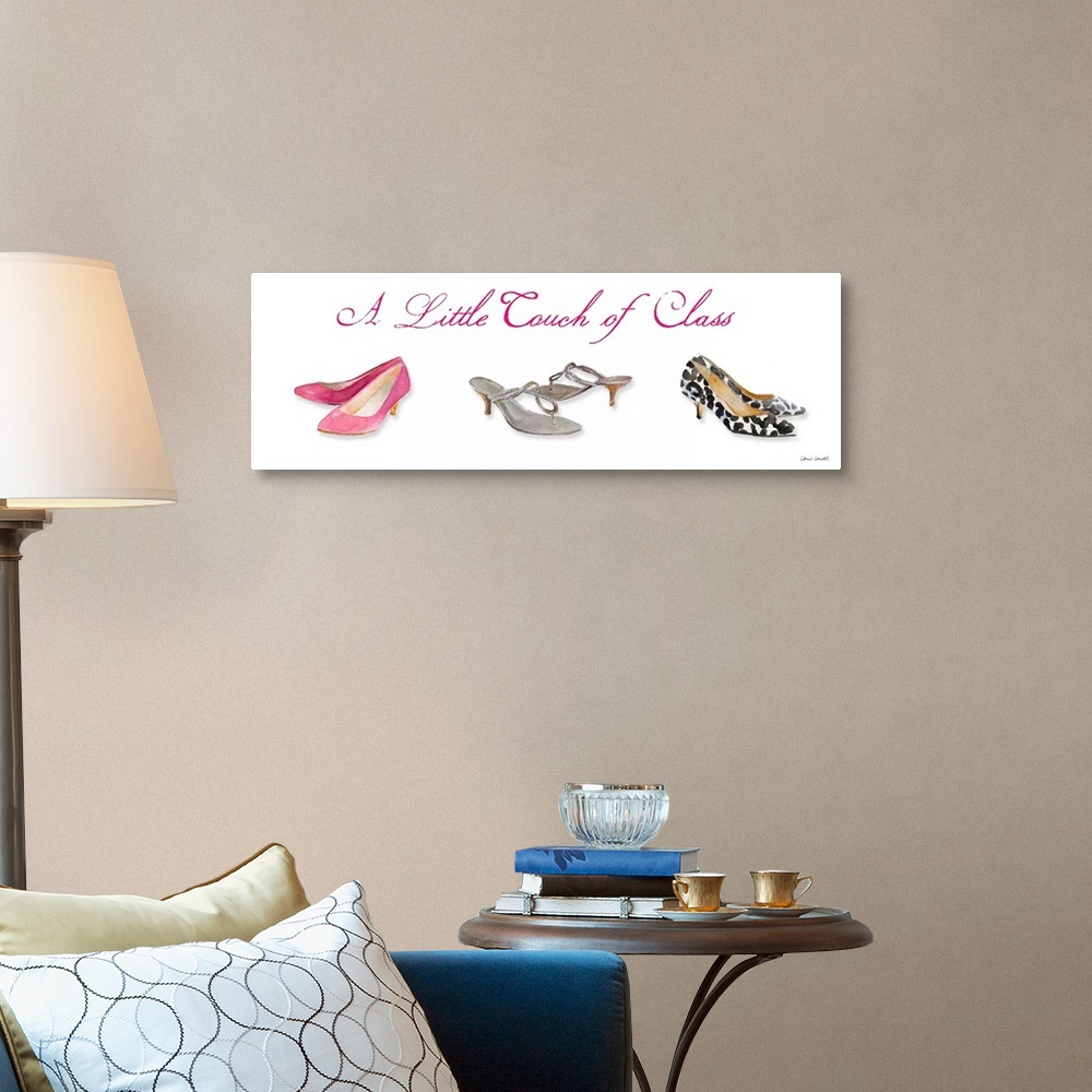A traditional room featuring Watercolor painting of three sets of heels with "A Little Touch of Class" written at the top in p...
